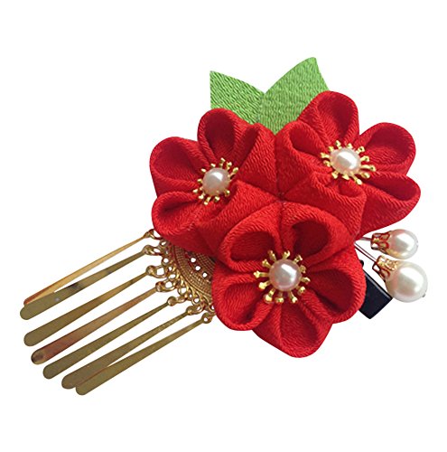 CRB Fashion Womens Girls Japanese Kimono Flower Hair Tie Band Clip (Red)