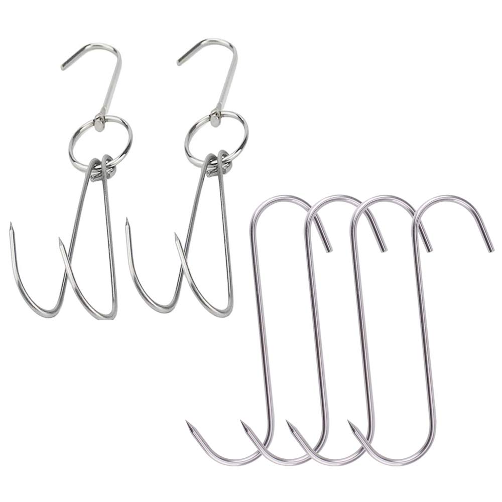 Grizef 2pcs 10inch Stainless Steel Roast Duck Double Meat Hooks + 4pcs 5 inch S-Hooks for Bacon Hams Meat Processing Butcher Hook Hanging Drying BBQ Grill Cooking Smoker Hook Tool （6pcs）