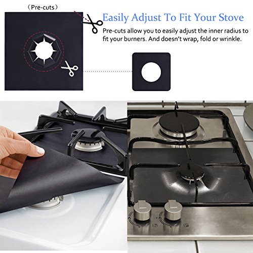 4 PCS Gas Range Protectors, Cuttable Black Stovetop Burner Protector Liner Cover Cleaners 0.2mm Thickness, FDA Approved, Non-Stick, Dishwasher Safe, Easy to Clean for Kitchen Cooking
