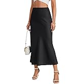Rooscier Women's Satin Silky High Elastic Waist A Line Flowy Elegant Long Skirt