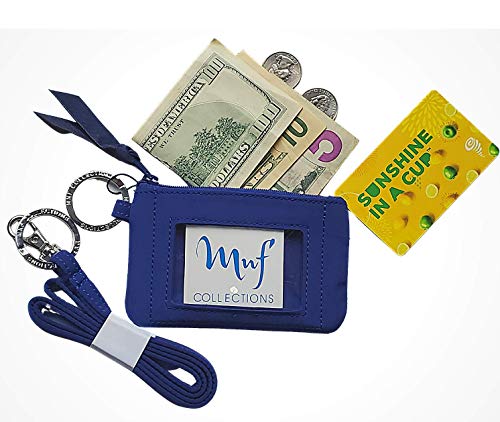 MNF Collections Zip ID Case with Lanyard- Badge ID Holder with Wallet for Cash, Cards, Coin - Durable Strap, Zippers & Keyring, Key Lock - Microfiber Cotton Cobalt Blue