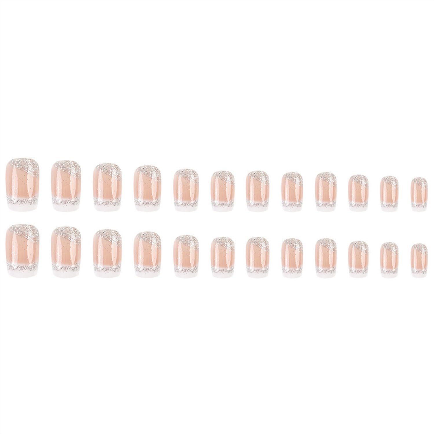 Medium Press on Nails Square Fake Nails French Tips Nails Press Ons Silver Glitter False Nails with White Ombre Designs Acrylic Nail Glue on Nails Nude Glossy Stick on Nails for Women 24 Pcs - Image 4