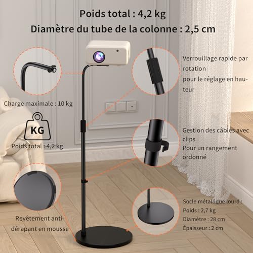 VISULAPEX Soporte de Proyector Ajustable de 80 a 145 cm, con rótula giratoria de 360°, Soporte proyector Suelo Compatible con proyector, cámara Web y cámara, Carga máxima 10 kg