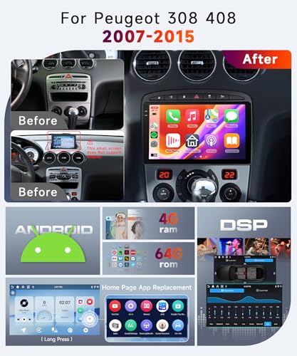 【4+64G】 Hodozzy Carplay Car Radio for Peugeot 308/408 2007-2015, 9 Inch In-Cell Screen Android Car Radio with Bluetooth 5.0/Android Auto/WiFi/GPS/RDS/FM/USB/DSP+Reversing Camera