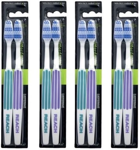 REACH Essential Care Interdental Medium Toothbrush, Duo Pack x 4, Full Head Hard Bristle Manual Toothbrushes