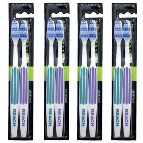 REACH Essential Care Interdental Medium Toothbrush, Duo Pack x 4, Full Head Hard Bristle Manual Toothbrushes, Variety Colors Multipack, Daily Oral Enamel Dental Care