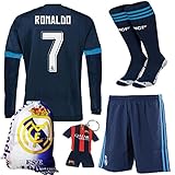 KID BOX® 2015/2016 #7 Blue Away Soccer Football Long Sleeve Jersey Sportswear Team Polo Shirt & Short & Sock & Key Chain & Soccer Bag FOR Kids 3-14 Years