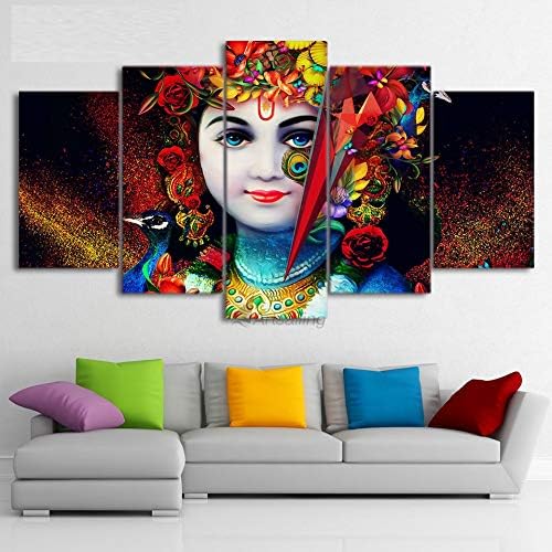 XmnaZr HD Printed 5 Piece Canvas Art Indian God Radha Krishna Painting Poster World Map Wall Pictures Home Decor-M