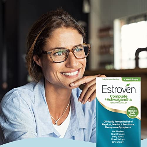 ESTROVEN COMPLETE + ASHWAGANDHA MULTI-SYMPTOM MENOPAUSE SUPPLEMENT FOR WOMEN – 60 CT. – CLINICALLY PROVEN INGREDIENTS PROVIDE MENOPAUSE RELIEF & NIGHT SWEATS + HOT FLASH RELIEF* – DRUG-FREE & NON-GMO