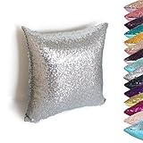 AMAZLINEN(TM) Decorative Glitzy Sequin & Comfy Satin Solid Throw Pillow Covers 18 Inch Square Pillow Case, Hidden Zipper Design, 1 Cover Pack Only(Silver)