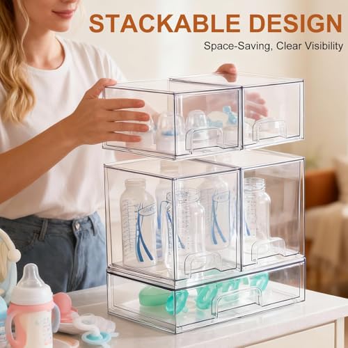 GOGOBAO Baby Bottle Organizer - 5 Pack Stackable Clear Drawers with Labels, Baby Storage Solution Container for Countertop, Cabinet, Bathroom, Pantry, Vanity
