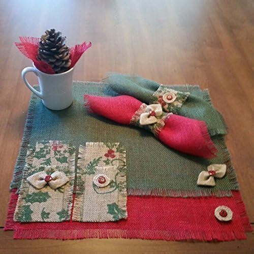Burlap Christmas Holly Berry Placemats, Silverware Holders, Napkin Rings and Napkins with Handmade Jute-wrapped Button or Bow-tie (Quantities of 4 or 6)