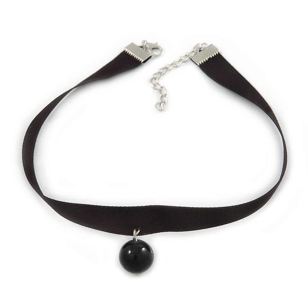 Avalaya Black Silk Ribbon Choker Necklace with Black Ceramic Bead 15mm Pendant - 30cm L/ 5cm Ext