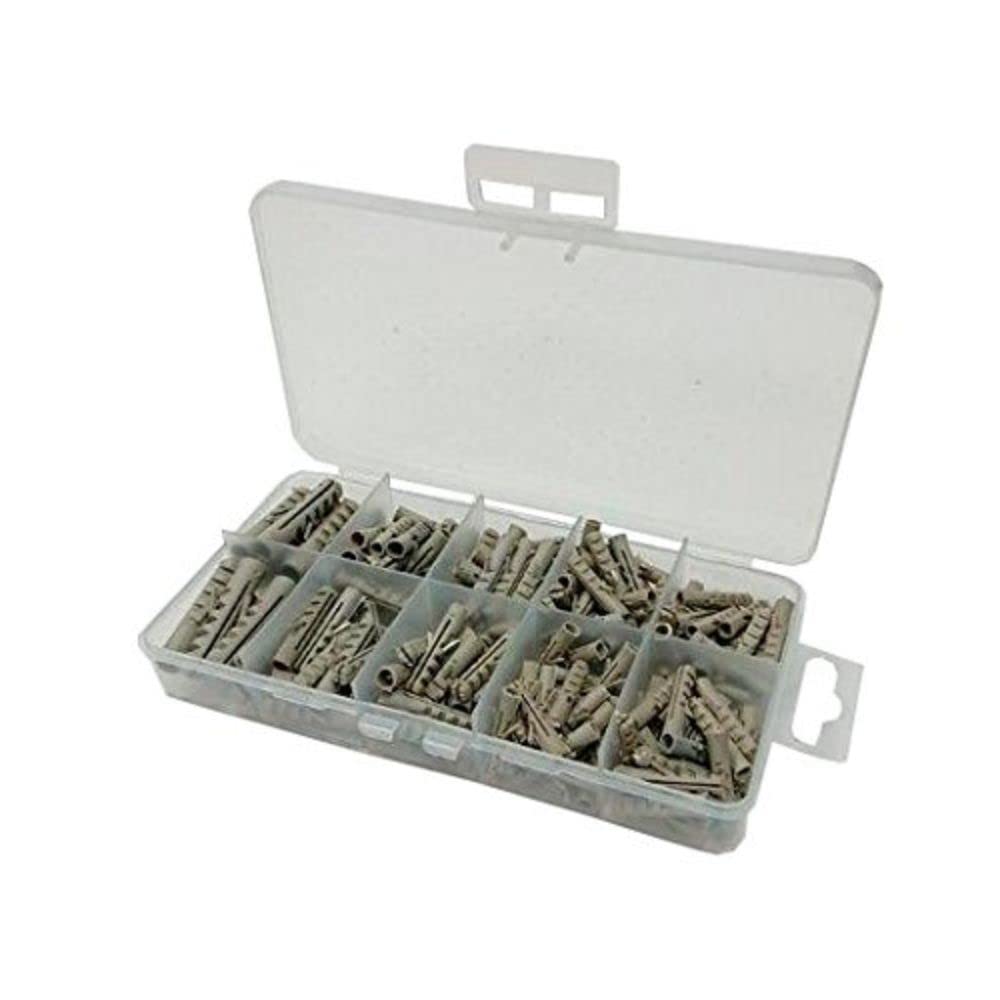 Merriway BH06583 (220 Pcs) Assortment of Grey Heavy Duty Rimless Nylon Wall Plugs in a 10 Compartment Carry Case - Pack of 220 Pieces