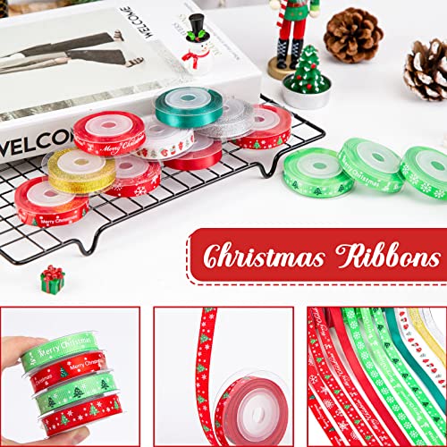 VGOODALL Christmas Ribbons, 12 Rolls x 5Yd Colorful Xmas Gift Wrapping Ribbon Metallic Glitter Craft Ribbon for Christmas Tree Gift Wrapping DIY Crafts Wreath Decoration