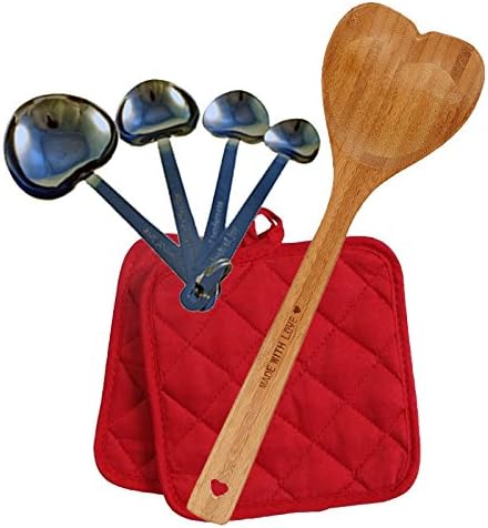 Cooking Gift Set - Bamboo Heart Shaped Spoon, Heart Measuring Spoons, and 2 Potholders (Red)
