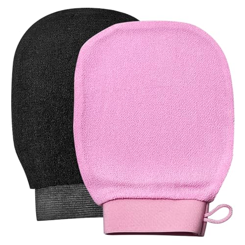Exfoliating Glove for Body Shower Scrubber Exfoliator Dead Skin Remover Korean Kessa Glove Reusable,Natural Black+Pink(2 Pack)