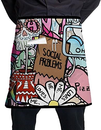 Skull Flowers Wallpaper Pattern Stylist Waist Chef Apron With Pockets, Restaurant Short Bistro Family Half Aprons For Men Women, 21.3 X 17.7 Inches, Black