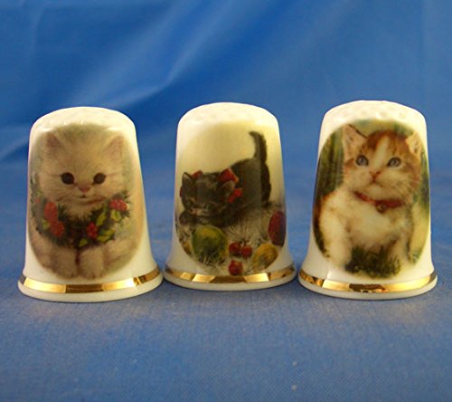 Porcelain China Collectable Thimbles - Set of Three Christmas Cats