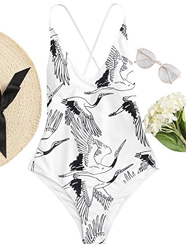 SOLYHUX Women Sexy Push Up Bikini One Piece Crane Print Lace Up Back Swimsuit Black and White S - Thumbnail 2