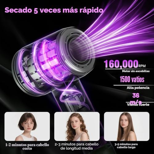 Secador de cabelo, secador portátil jónico profissional a 160000 rpm, secagem rápida, iões 500M, controlo de temperatura, com difusor magnético e bico, 4 níveis de temperatura e 3 velocidades