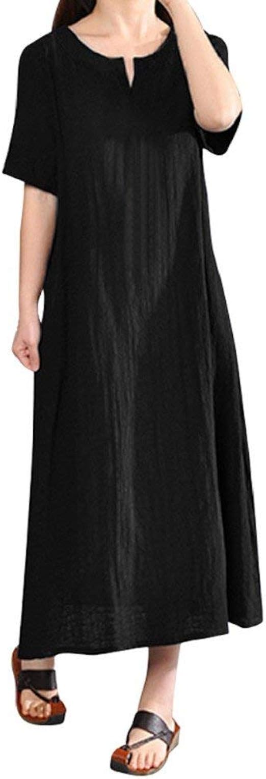 Ladies Plus Size Dress Solid Color Dress Short Sleeve Comfortable Sizes Cotton Linen Dress Short