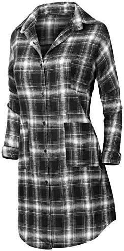 Howels Women Drop Shoulder Long Shirt Checkered Hi-low Hemline Over Fit Duster , Black plaid