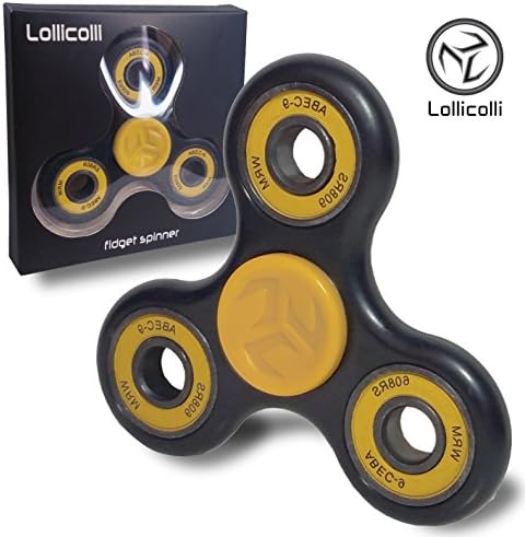 New Tri FIDGET SPINNER TOY High Speed Premium Quality Ceramic bearing - Relieves ADD ADHD Anxiety and Stress for Kids and Adults by Lollicolli - BlackYellow
