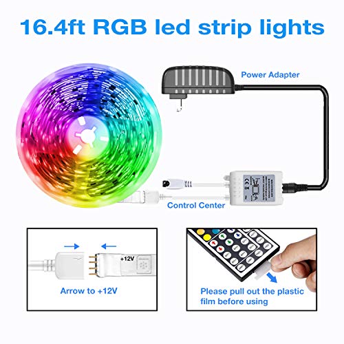 DAYBETTER Led Strip Lights 16.4ft Flexible Color Changing Led Lights 5050 RGB 150 LEDs Light Strips Kit 5m with 44 Keys IR Remote and 12V Power Supply for Bedroom, Kitchen, Home