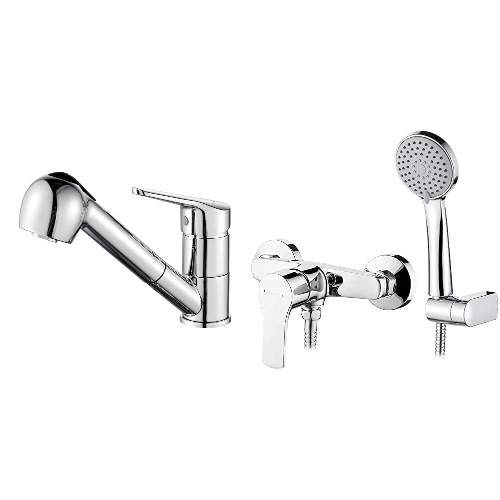 Ibergrif-Roma-Grifo-de-Cocina-Ducha-Extraible-Mezclador-Monomando-para-Lavabo-Cromo-Plata-Star-Completo-de-Grifo