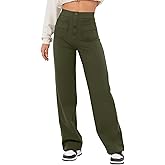 Flygo Womens High Waisted Multiple Pockets Straight Leg Flexipants Stretchy Work Trousers Button Down Casual Pants