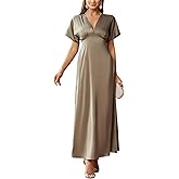 VAFADRESS Women's 2025 Satin Dress Elegant Deep V Neck Flutter Sleeve A-Line Gown Cocktail Party Maxi Dresses