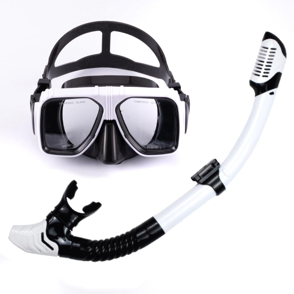 Mask & Snorkel Set – Tempered Glass Swimming Diving Goggles - Adjustable Head Strap Anti-Fog Snorkeling Package - Adult Scuba Dry Snorkel Set for Man Woman (White)