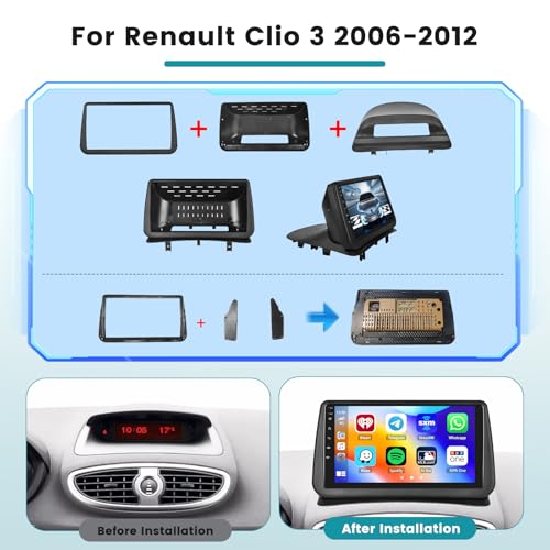 Hikity 2+64G Car Radio for Renault Clio 3 2005-2014 with Carplay Android Auto, 9 Inch Touch Screen Android 15 Radio with Mirror Link FM/RDS EQ WiFi Bluetooth GPS SWC Camera