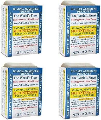 Dead Sea WarehouseAmazing Minerals Mud Intensive Facial Care Bar, Dead Sea Mud Cleansing Bar, Restorative Skincare, Facial Cleanser for Oily Skin, Detoxifying, Vegan, Unscented (3.5 oz, 4-Pack)
