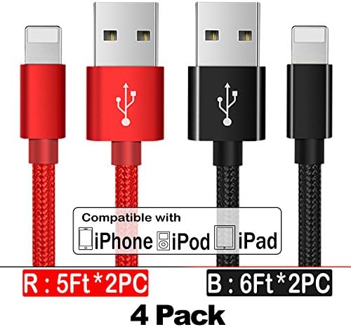 Charger Cable for iPhone, 4Pack 6FT 6FT 5FT 5FT Nylon Braided Cable for iPhone X/8/7/7 Plus/6/6S iPad iPod, Black Red Charger Cord for iPhone