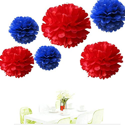 Since Â® 12PCS Mixed Royal Blue & Red Party Tissue Pom Poms Wedding Flowers Birthday Anniversary Paper Hanging Decoration