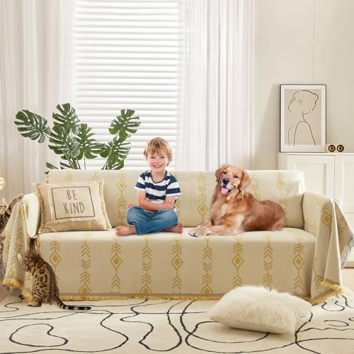 HANDONTIME Yellow Geometric on Beige Sofa Covers Boho Dog Couch Cover Farmhouse Sofa Slipcover Simple Couch Protector for Dogs Aztec Couch Cushion Covers Chenille Sectional Couch Covers, 71"x 134"
