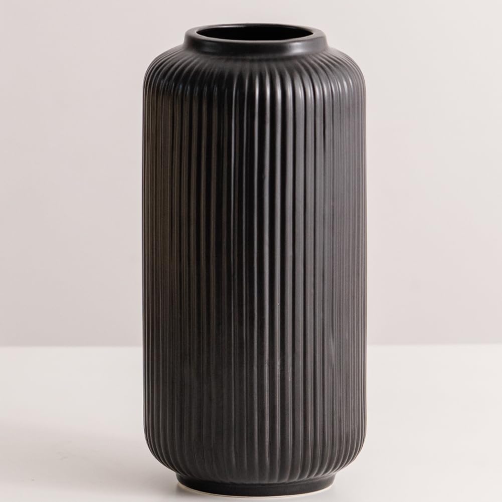Tall 10 Inch Black Ceramic Ribbed Vases for Home Decor Table Centerpieces, Modern Stripe Design Decorative Flowers Vase for Pampas Grass