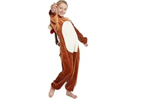 CASABACO Kid Reindeer Onesie Pajamas Deer Halloween Costume Boy Girl Animal Onepiece (A - Brown, 12-14Years)