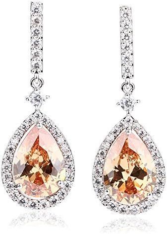 18k White Gold Plated Amber Cubic Zirconia Teardrop Drop Earrings