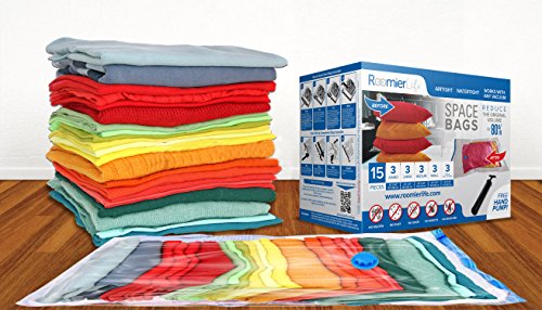 RoomierLife Premium Space Saver Bags 15pcs Variety Pack (3 x Small, Medium, Large, Jumbo & 3 x Travel Roll-Up Compression) Ziplock Vacuum Storage Bags