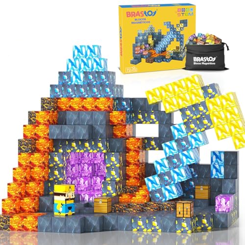 Blocos Magnéticos Infantil 72 Peças para Montar – Tema Mina de Ouro, Cubos Magnéticos Educativos de Construção, Brinquedo de Encaixe Estimulante para Crianças +3 Anos