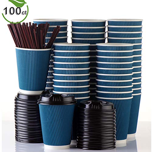 100 Pack 12oz Paper Coffee Cups With Lids Disposable To Go Hot Beverages Blue Coffee Cups for Party by Bulex