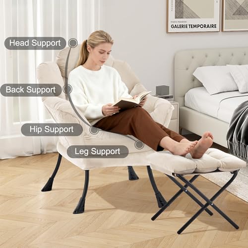 Zedachica Lazy Chair with Ottoman, Modern Upholstered Accent Armchair with Foot Stool, Lounge Reading Chair for Adults, Leisure Living Room Armchair with Side Pocket for Bedroom, Dorm, Beige