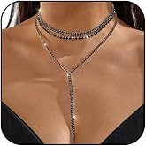 POTIANDEFUGUI Black Rhinestone Layered Long Y Necklace for Women Gold Silver Glittering Crystal Lariat Necklace Fashion Bridal Prom Necklace Wedding Bridesmaid Jewelry