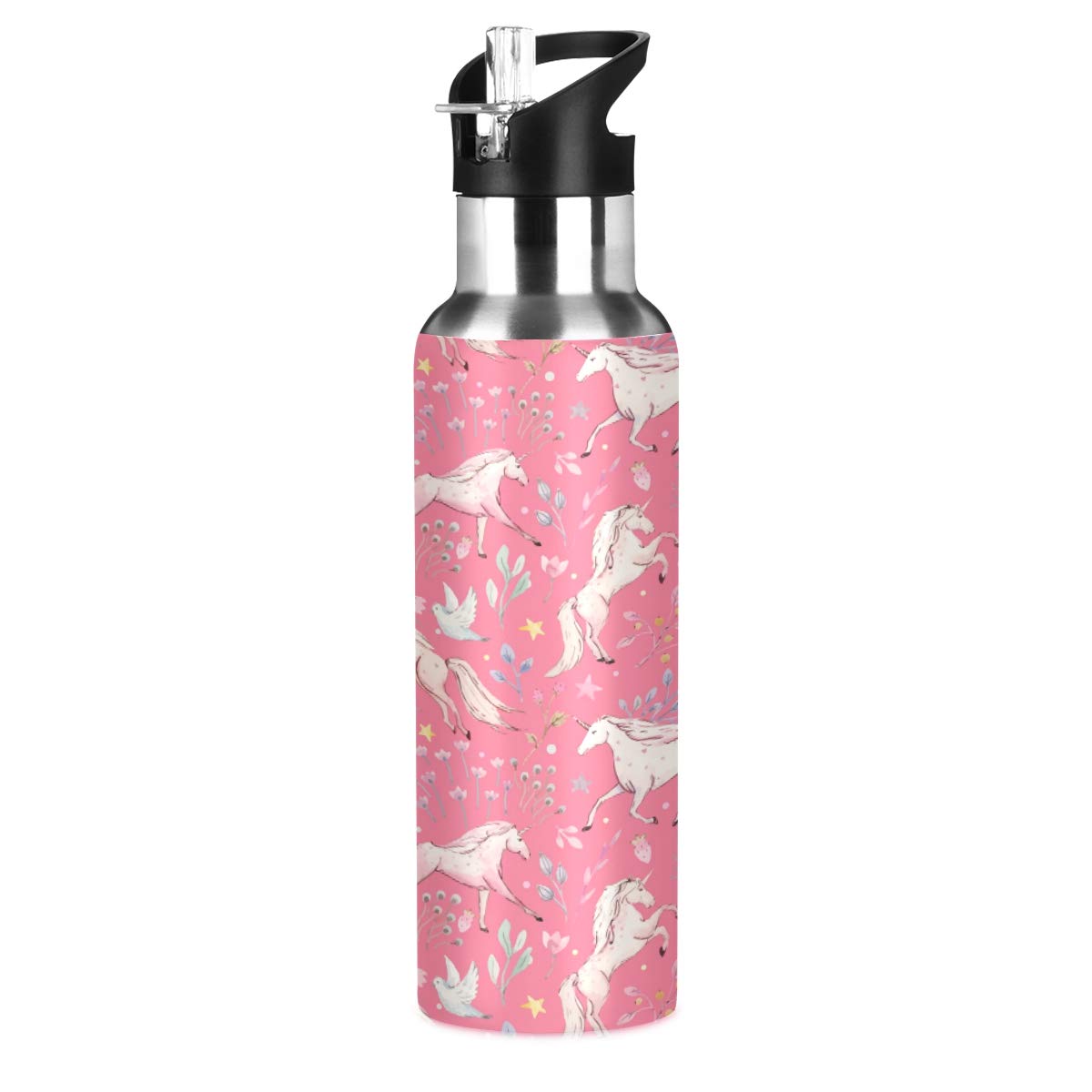 ALAZA Stainless Steel Water Bottle with Straw, Watercolor Unicorn Insulated Drink Flask Sports Water Bottle for Kids Adults, Leakproof, 600ml