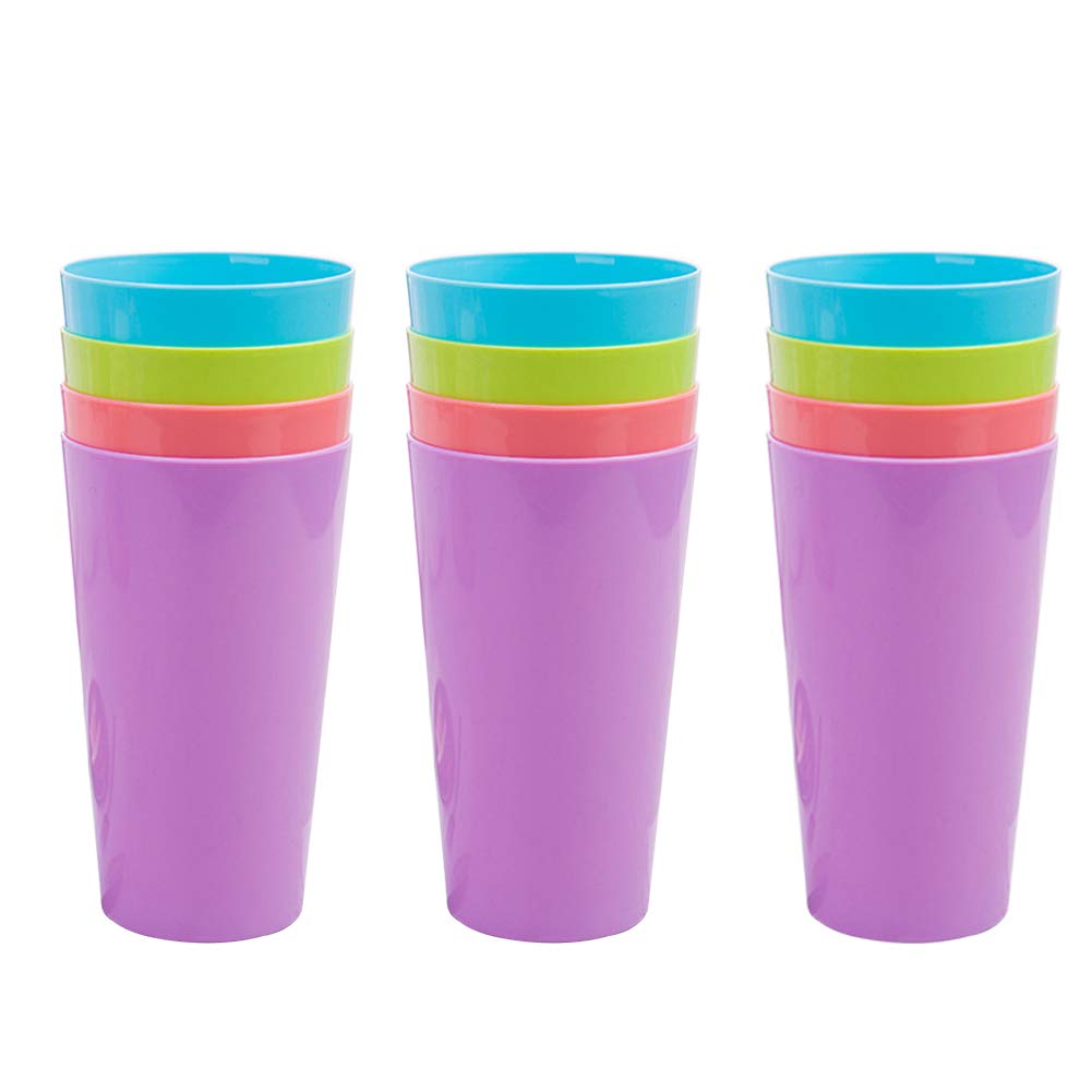 Plastic Cups 12 Pcs 500ML/17.5oz Reusable Drinking Cups for Indoor Outdoor Parties, Camping, Beach and Picnic, Colorful Stacking Mugs for Kids Adults Wedding, 4 Colors