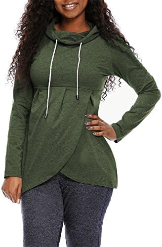 Women's Basic Soft Pullover Funnel Neck Vintage Fleece Asymmetric Hem Wrap Long Sleeve Casual Hoodie Sweatshirt Size L Green