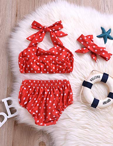 image for Menglang Baby Girl Swimsuit Ruffle Red Dot Top and Bikinis Skirt Headb